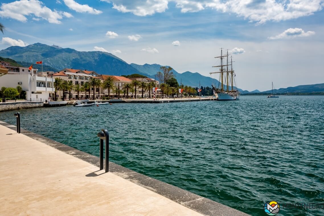 Pine embankment and Jadran sailing ship, Tivat, Montenegro